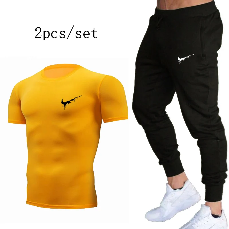 

Summer new gyms Sport Suit Quick Dry Sports Suits Tight Tracksuits Mens Summer Autumn Fitness Running suits Jogging set 2019