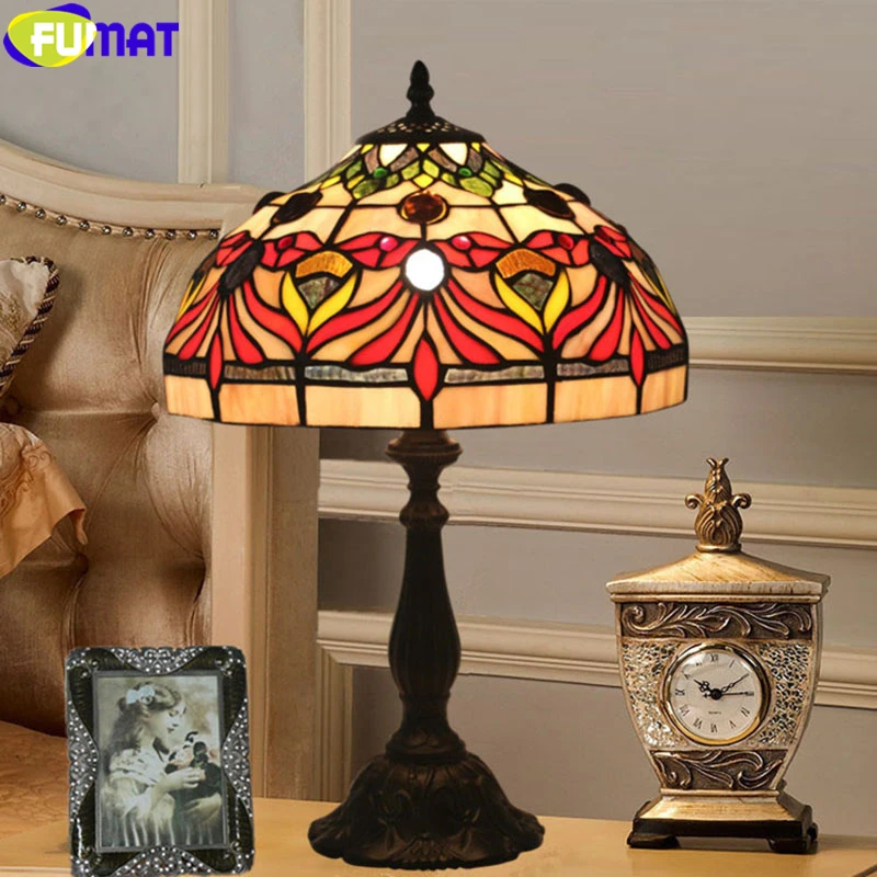 FUMAT Tiffany Style Desk Lamp Stained Glass Chili Gemstone Table Light Orange Color Lampshade Alloy Frame Base Handcraft Arts - Lampshade Color: Red Chili