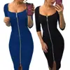 2022 Newest Women Sexy Solid Color Zip UP V Neck Elbow Sleeve Bodycon Stretchy Party Dress ► Photo 1/6