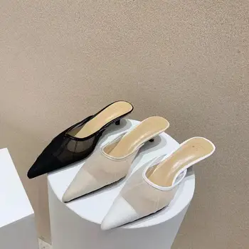 

Women Pointed Toe Air Mesh Slippers Shallow Slip On Thin Low Heels Slippers Outdoor Casual Slides Mules Woman Elegant Slippers