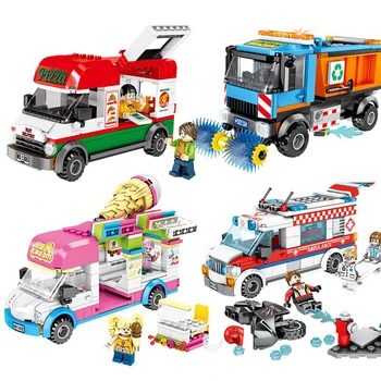 

City Street View Vehicles Building Blocks Ice Cream Car Ambulance Sanitation Sweeper Pizza Takeaway Auto Action Figures Bricks