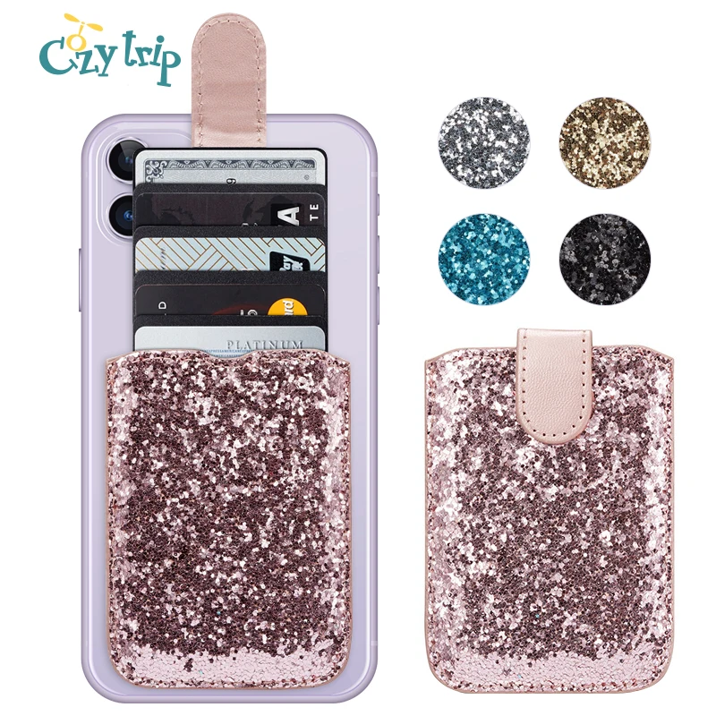 

Adhesive Glitter Back Phone Card Holder Slim Phone PU Leather Credit Card ID Sleeve Case RFID Blocking Wallet for Smartphone