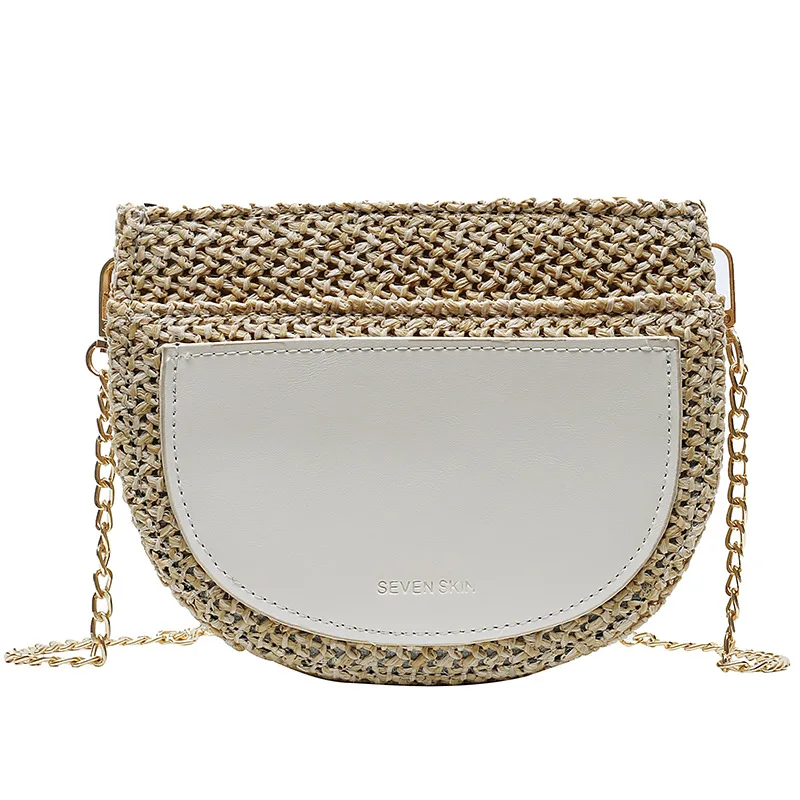 Белый JIULIN The new crescent grass knitted handmade multi-pocket Bohemian style single shoulder straddle lady bag in - Цвет: Белый
