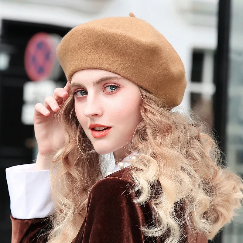 meiyuan Fashion Women Winter Fall Solid Color Woolen Yarn Knitted Hat Beret Peaked Cap French Beret Hats Black 