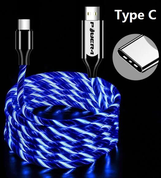 Type-C-Blue Power4 Прохладный светящийся USB C Микро зарядный кабель три разъема доступны для Lightning/Apple Android type-C зарядки мобильного телефона - Цвет: Type-C-Blue