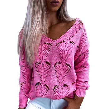

Women Solid V Neck Sweaters Pullovers Knitted Autumn Winter Clothing Hollow Out Pullover Jumper Pull Femme Hiver Truien Dames