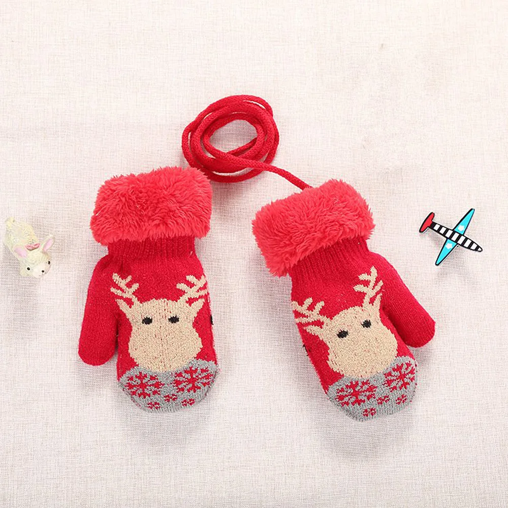 1 пара, вязаные перчатки с мультипликационным ремешком, рождественские толстые плюшевые теплые варежки для детей, перчатки для мальчиков и девочек, зимние уличные принадлежности - Цвет: red