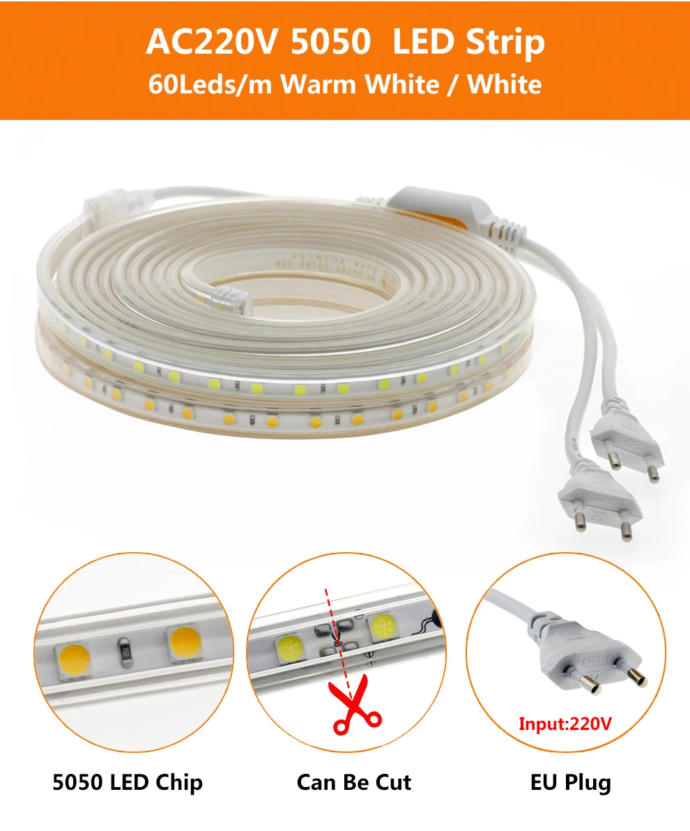 220 В 5050 Светодиодная лента RGB свет 220 В RGB белый теплый белый 60 светодиодный/м водонепроницаемый AC 220 В Светодиодная лента RGB Светодиодная лента неоновая