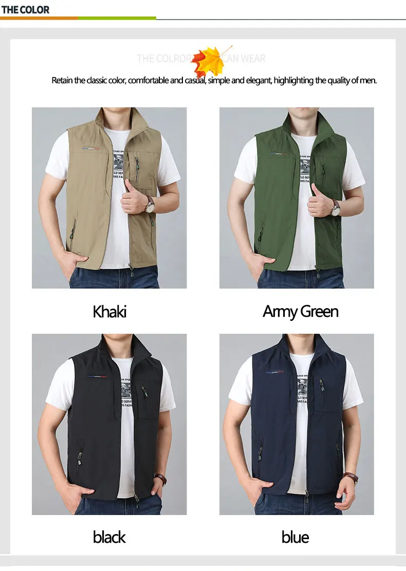 MAIDANGDI Men's Waistcoat Jackets Vest 2021 Summer New Solid Color Stand Collar Climbing Hiking Work Sleeveless With Pocket