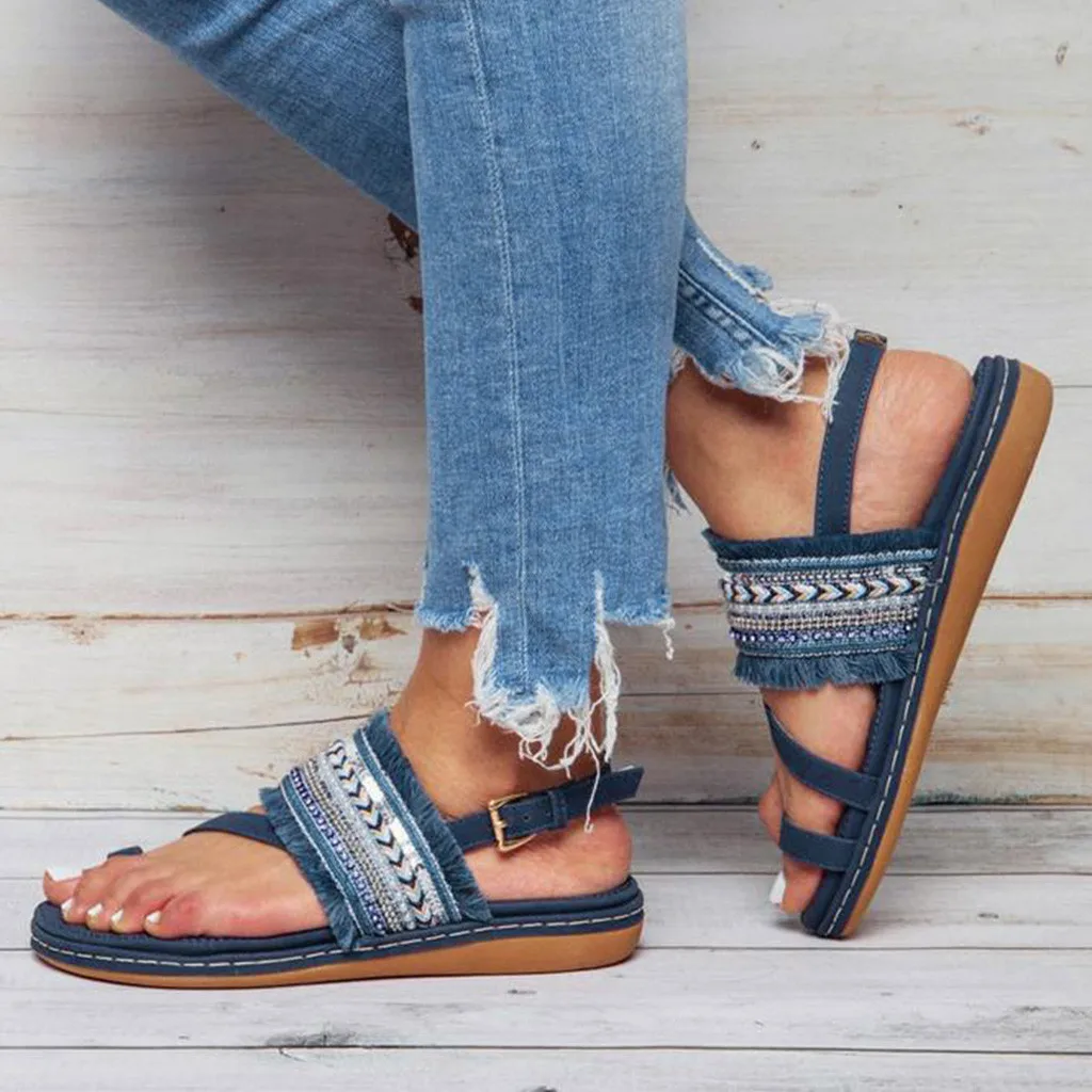 

Women 2020 National style Buckle Strap Flat Beach Shoes Flip Flop Open Toe Breathable Sandals Bohemia Shoes