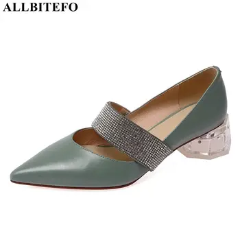 

ALLBITEFO crystal heel genuine leather rhinestone high heels wedding women shoes thick heels office ladies shoes women heels