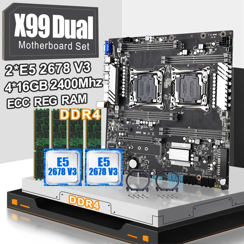 JINGSHA X99 Комплект двойной материнской платы с 2 шт. XEON E5 2678V3 процессор 4 16 Гб DDR4 2400 МГц
