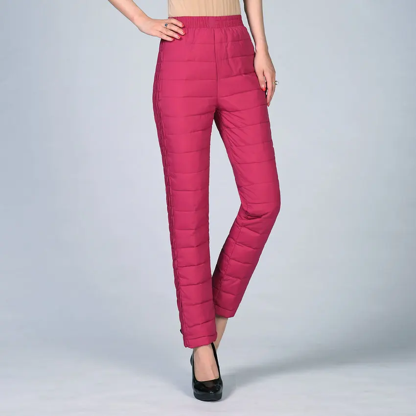 Женские легкие пуховые брюки красные черные повседневные теплые стеганые с