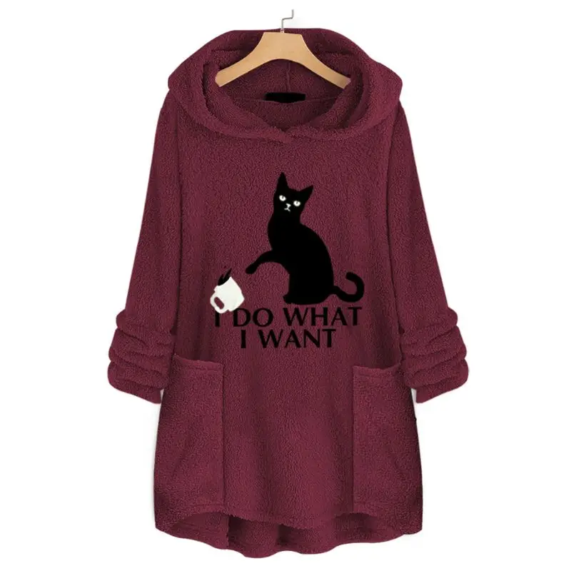 Womens Plus Size Winter Thicken Plush Hooded Sweatshirt Cute Lazy Cat Cartoon Printed Loose Asymmetric Hem Tunic Tops M-5XL