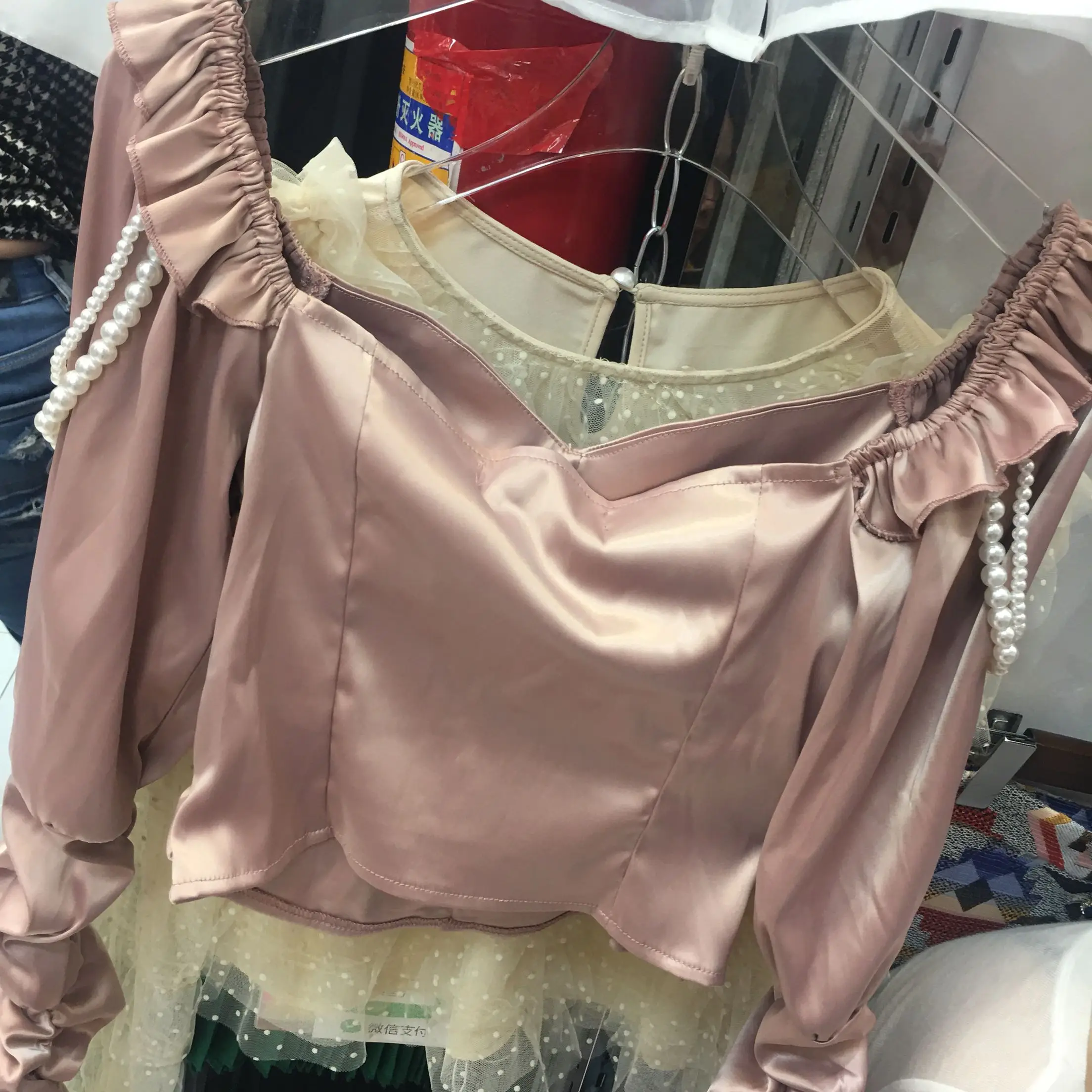 Blusa Femme, женский сексуальный укороченный топ, новинка, французский стиль, жемчуг, бисер, рукав-колокол, рубашка, топ, женская осенняя и зимняя блузка