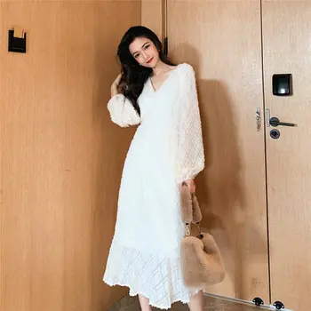 

Autumn New Style Korean-style V-neck Lace-up Pleated Tassels Lace Puff Sleeve Flounced Large Hem Dress