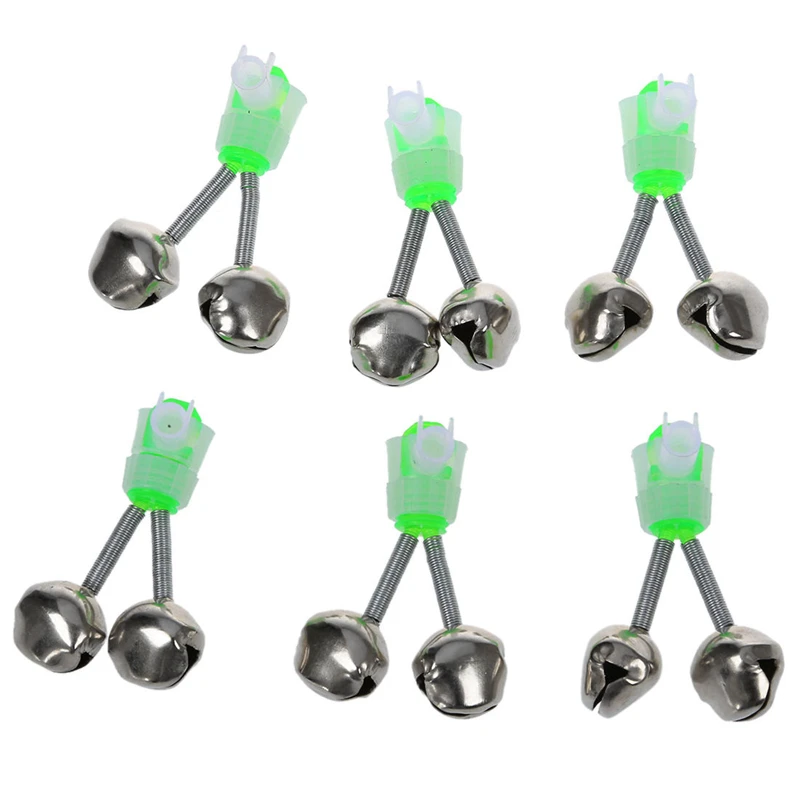 

6 Pcs Fishing Rod Tip Green Silver Tone Double Bell Bait Alarm Ring