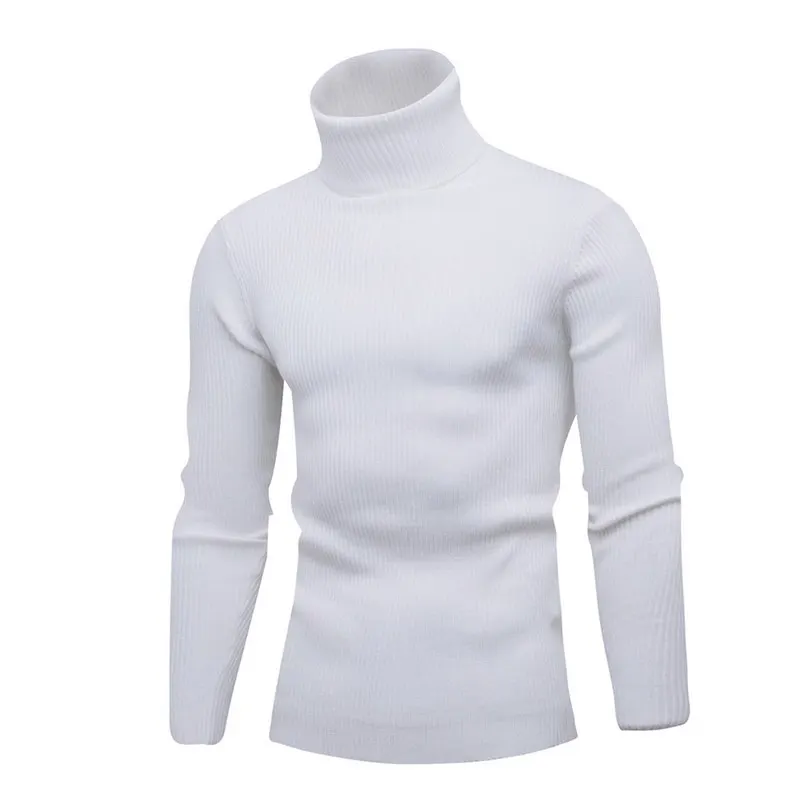 Высококачественный теплый мужской свитер с высоким воротом, модный однотонный вязаный мужской свитер, повседневный тонкий пуловер, мужской топ с двойным воротником - Цвет: White1