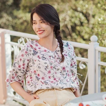

INMAN 2020 Spring New Arrival Cotton Youth Vitality Falbala Literary Floral Medium Sleeve Blouse