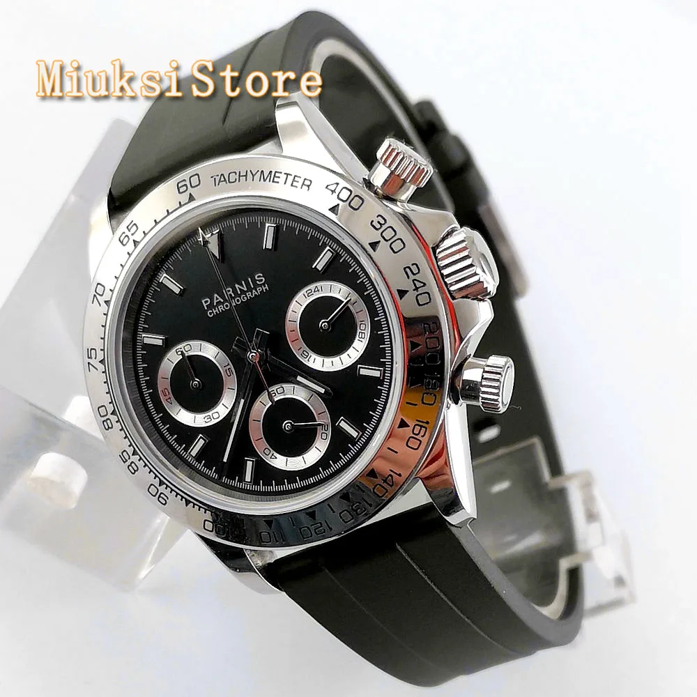 

39mm PARNIS men's luxury watches black dial sapphire glass rubber strap full Chronograph Multi-function quartz watch 2690-R