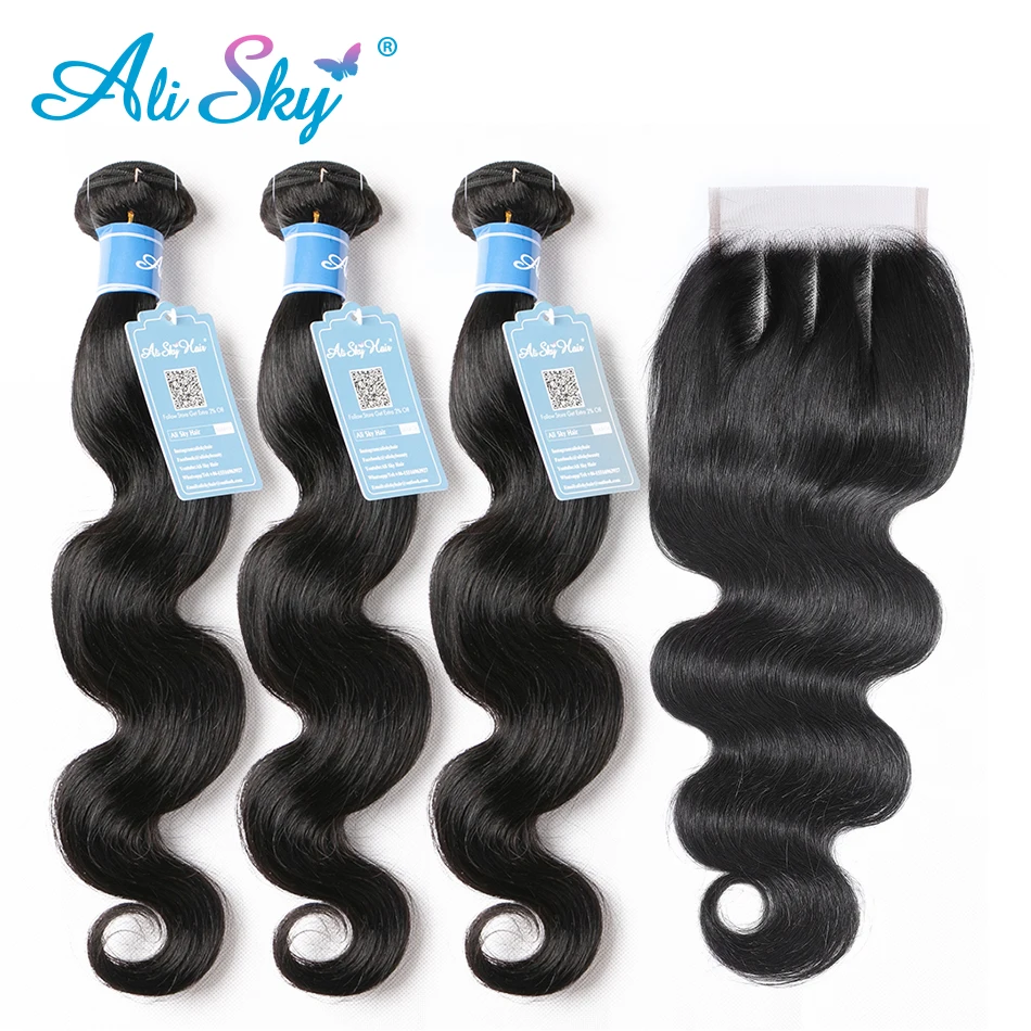 

Alisky Brazilian Body Wave 3pcs Hair Bundles Deal with 4x4 Lace closure 100% Human Hair weaves Middlle/Free/Three Part Remy