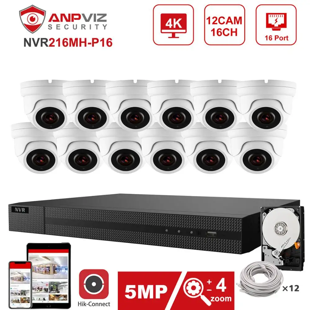 Hikvision OEM 16CH 4K NVR Anpviz 12 шт. 5MP 4X POE IP камера охранная система Внутренняя/наружная IP66 Hik