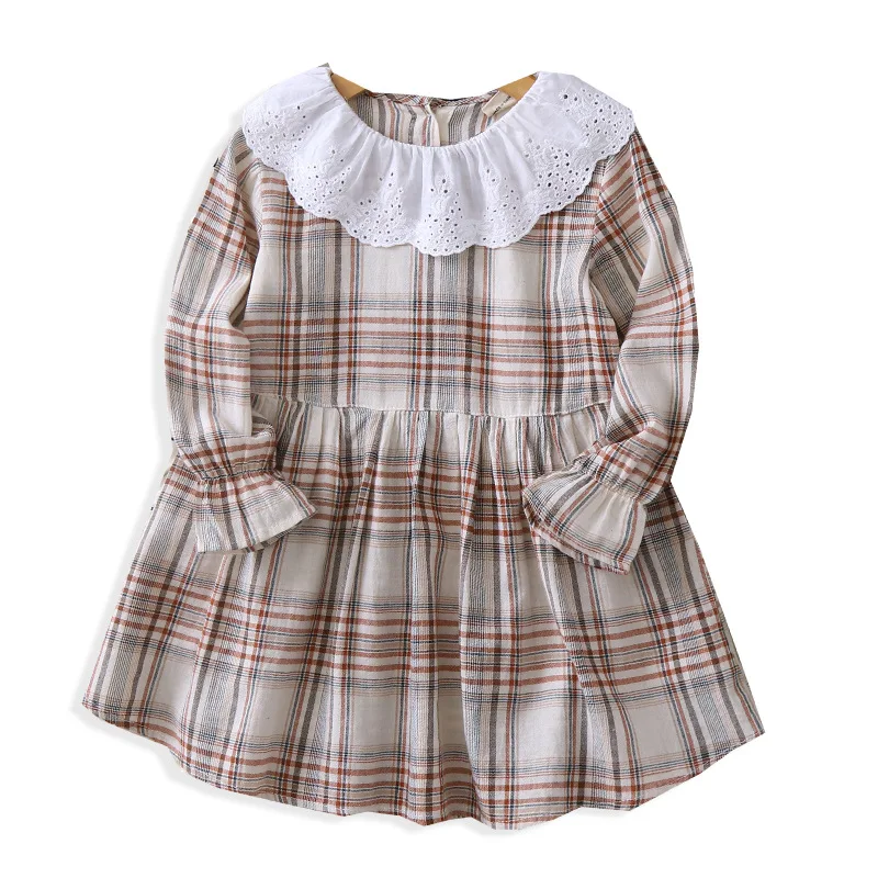 Весеннее платье для девочек, детское кружевное платье принцессы с длинными рукавами и круглым воротником