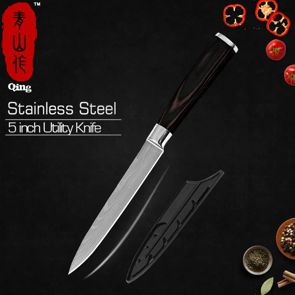 5 inch Utility Knife Qing Laser дамасский нож для нарезки из нержавеющей стали нож для лосося суши рыбы филе Секач шеф-повара кухонные инструменты для приготовления пищи - Цвет: 5 inch Utility Knife