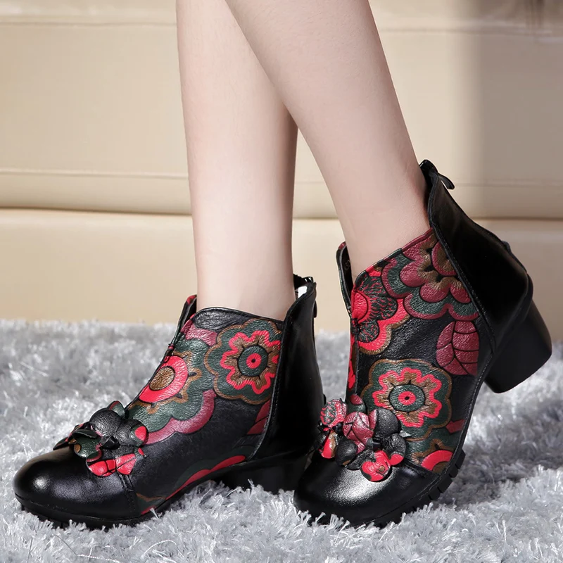 Г. Осенне-зимние женские ботинки из натуральной кожи в национальном стиле винтажные мотоциклетные ботильоны ручной работы обувь для мам с цветочным узором
