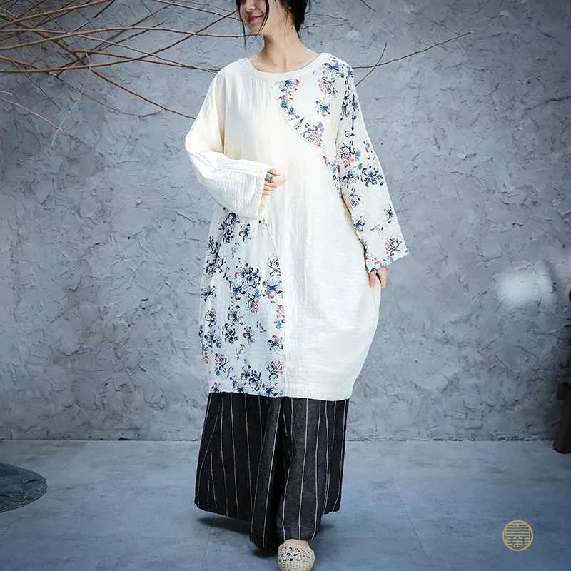 Johnature Autumn Retro Fashion Patchwork Floral Print O-neck Plus Size Dresses New Cotton Linen Long Sleeve Women Dress