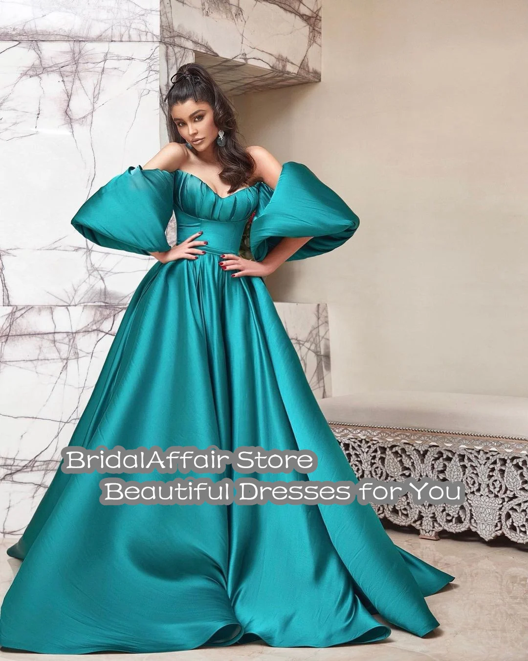 prom gowns BridalAffair 2022 Elegant Green Satin Prom Dresses Puffy Sleeves Sweetheart Crystals Beaded Long Ball Gown Arabic Evening Gown silver prom dresses