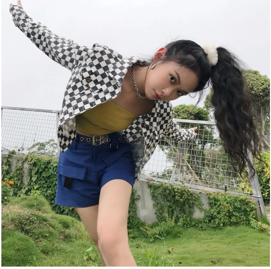 Checkerboard Plaid Jacket Women Casual Streetwear Short Cotton Coats Tumblr Girls' Crop Top Harajuku Checkered Cropped Jackets