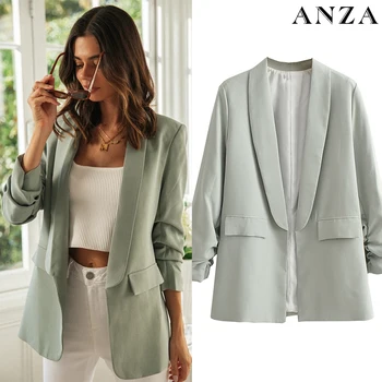 

ANZA Women Blazer with Long Sleeve Outwear Cardigans Femme Autumn Casual Basic Office Wear Loose Oversize Green Coat