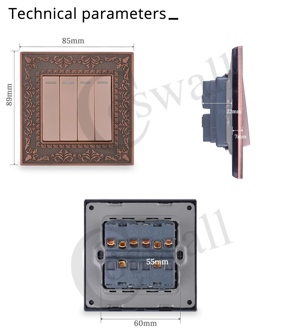 Coswall Zinc Alloy Metal Panel 4 Gang 1 Way Wall Switch 4D Embossing Retro Luxury On / Off Light Switch 16A AC 110~250V