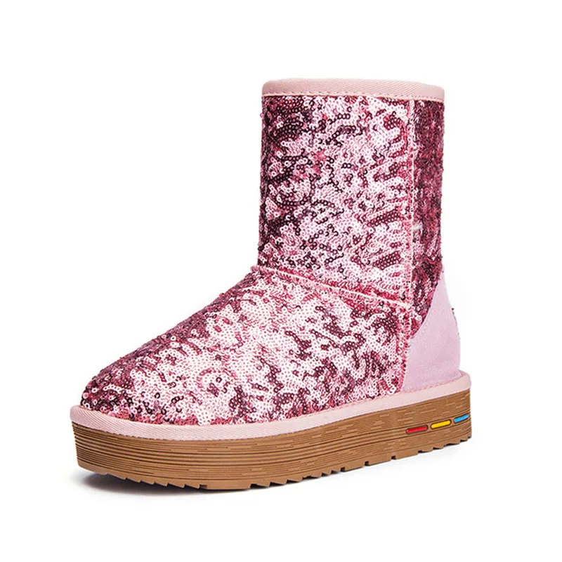 Pink2 Прямая поставка; модные зимние женские ботинки; теплые зимние сапоги из кожи с блестками; женские плюшевые ботинки из воловьей кожи на меху; Размеры 35-40; XYZ298 - Цвет: Pink2