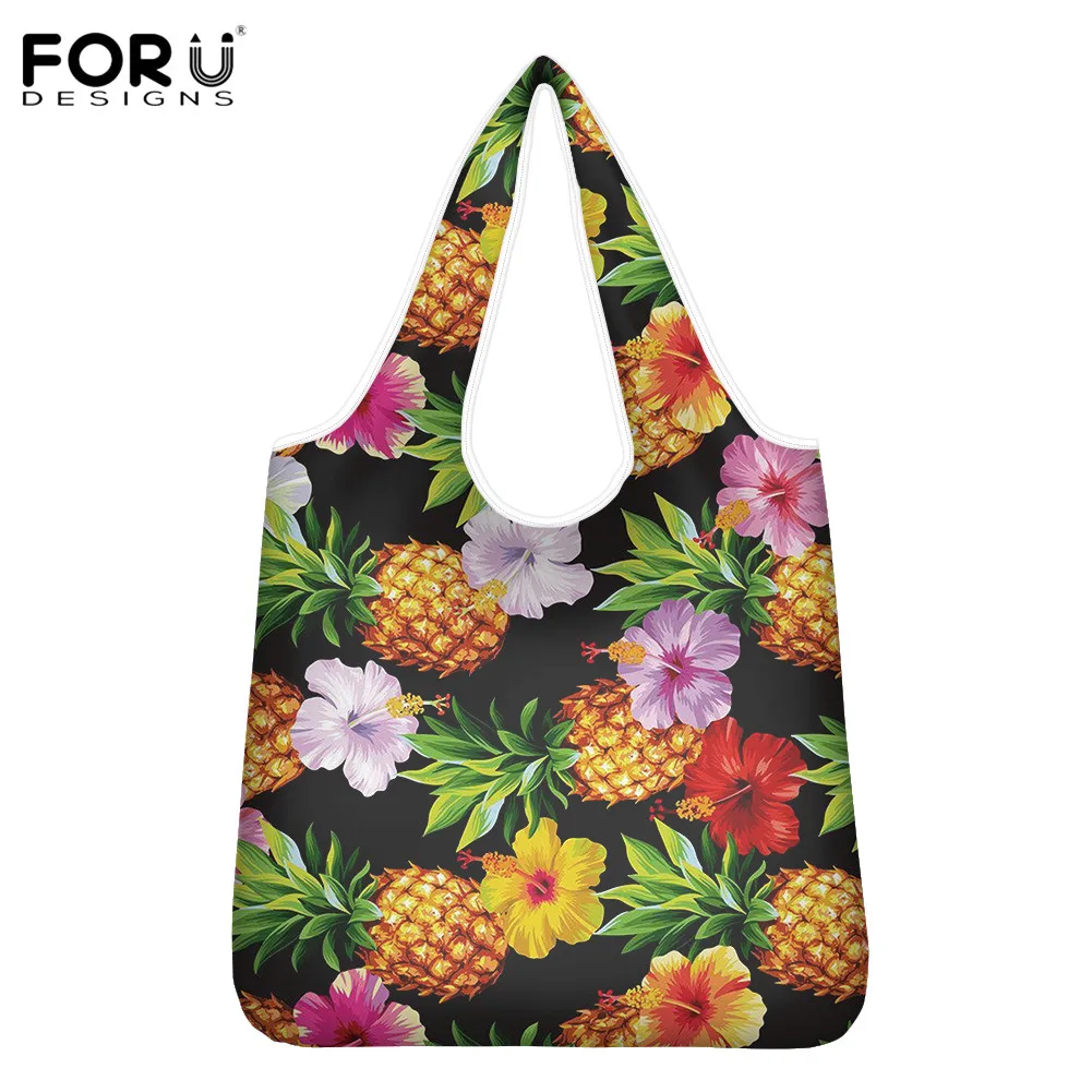 

FORUDESIGNS Pineapple Hibiscus Design Casual Plus Size Market Shopper Bags For Female Foldable Portable Pouch Tote With Handle