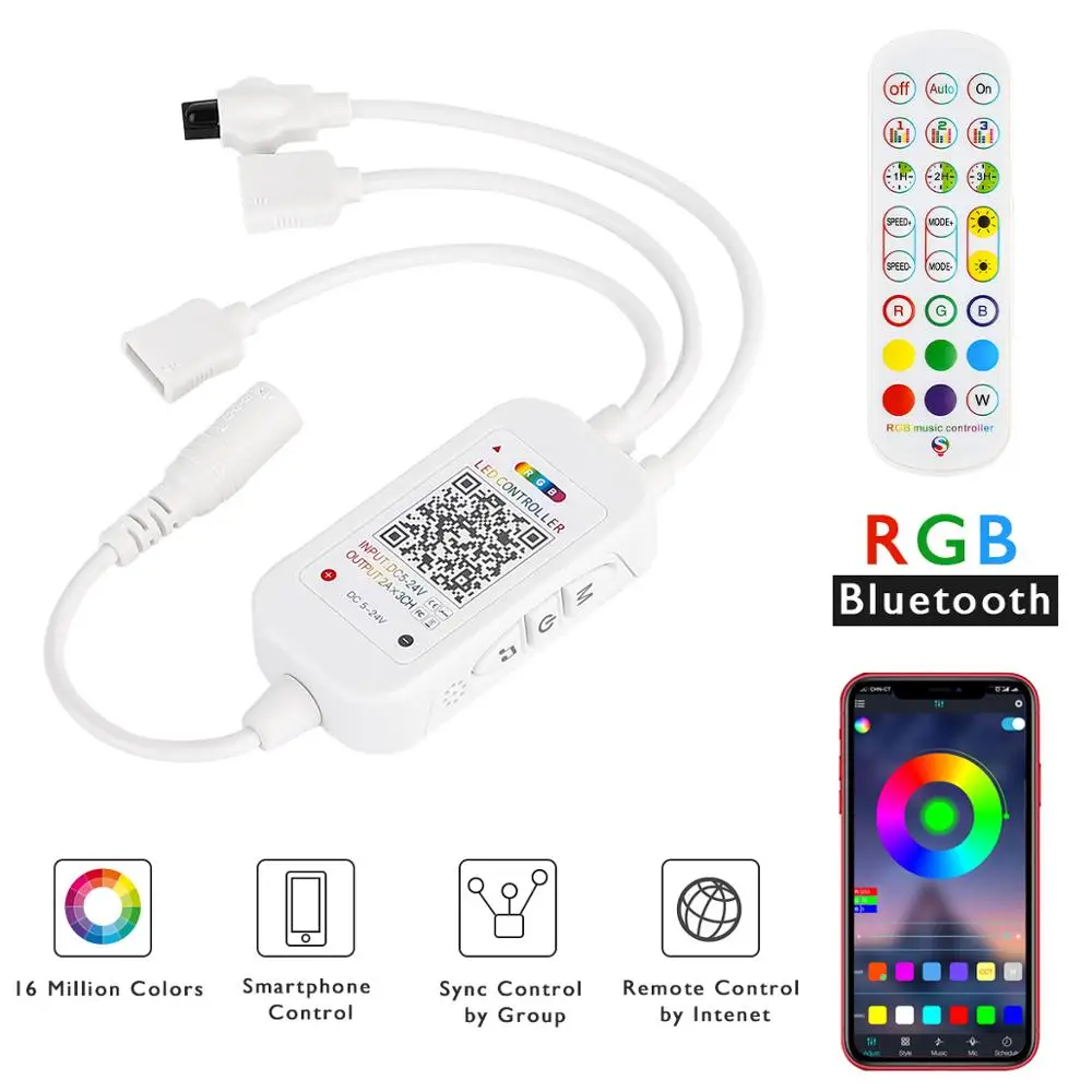 

Wireless Bluetooth RGB LED Controller Dimmer DC5V-24V 16 Million Colors Timer Music Voice APP Control 24 Keys Remote Controller
