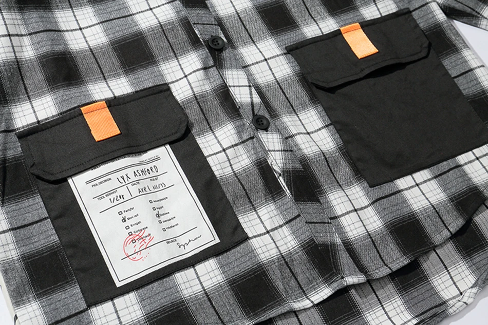 Высокая улица хип-хоп свободные парные рубашки Camisas Hombre назад РЕТРО ПРИНТ пространство Классическая рубашка в клетку топ с отворотом с длинным рукавом