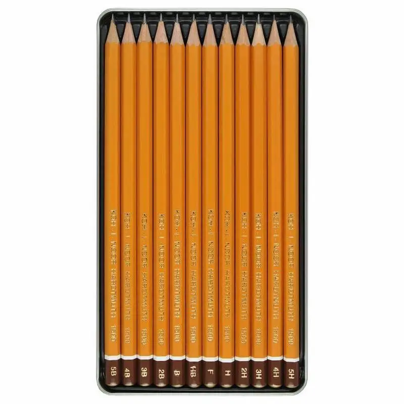 A set of black graphite pencils Koh i Noor 1500 graphic 5b-5h 12 PCs in a metal package | Канцтовары для офиса и дома