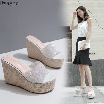 

New 2020 high heel waterproof platform hemp rope wedge sequined rhinestone open toe slippers