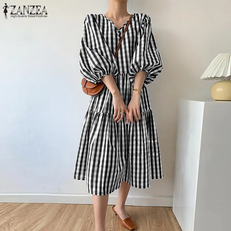 Stylish Summer Check Mid-Calf Dress ZANZEA Womens Puff Sleeve Sundress Vestidos Female V neck Casual Robe Femme Plus Size 5XL 7