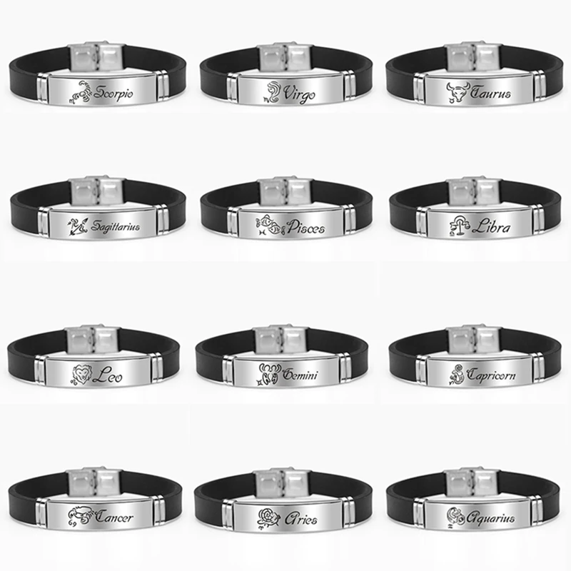 Модный силиконовый браслет из нержавеющей стали гравировка 12 Созвездие знаки браслеты для мужчин и женщин