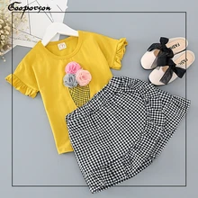 Комплект одежды для девочек, модная желтая рубашка с мороженым и клетчатые штаны комплект детской одежды из 2 предметов, милый комплект, детский летний наряд