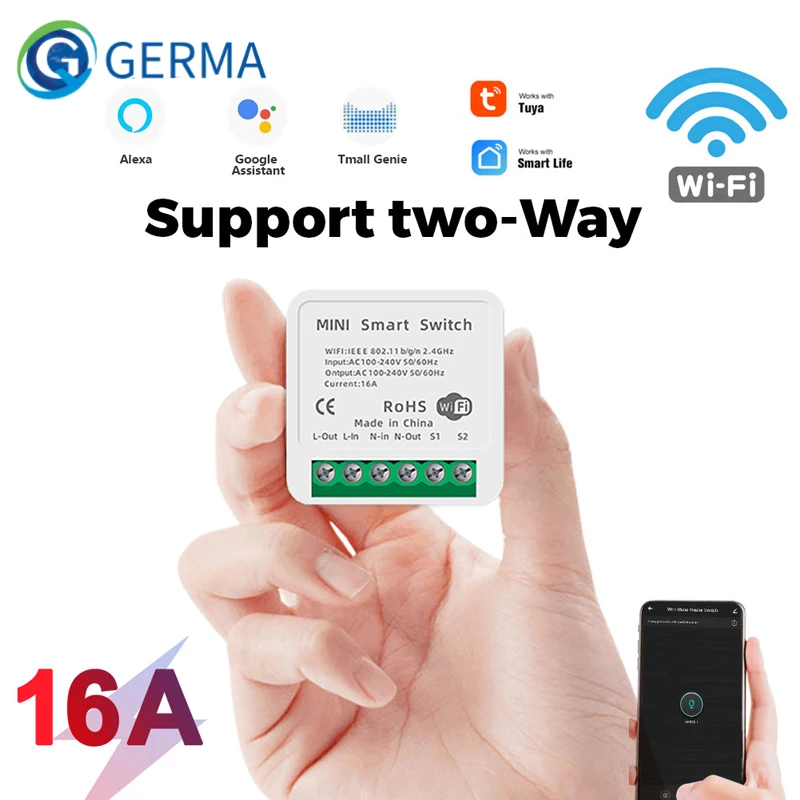 GERMA-interruptor WiFi 16/10 A Mimi, módulo de luz LED de vida inteligente compatible con aplicaciones de 2 vías, relé de voz, temporizador, Google Home, Alexa, Tuya