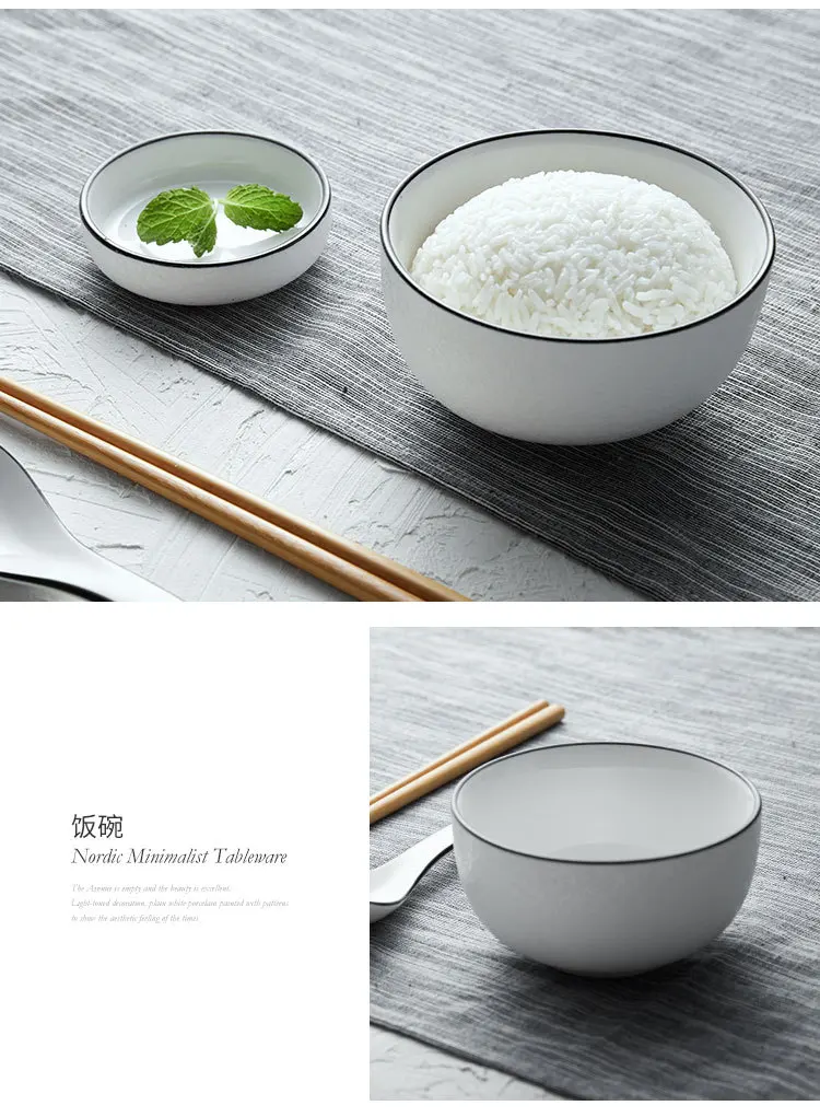 Glazed Black Line Ceramic Bowl Creative Dishes Household Salad Bowl Ceramic Tableware Set Bowl Spoon Manufacturers Direct Sellin