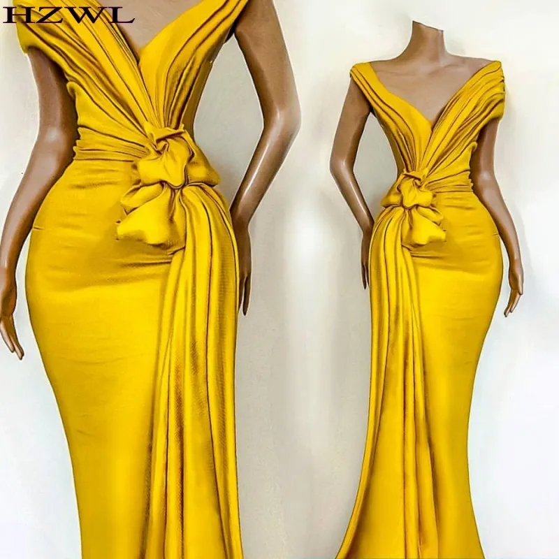 Stunning Yellow Evening Dresses Pleats Knoted Mermaid Off The Shoulder