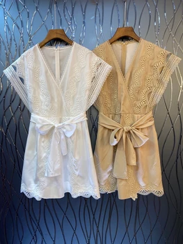 

2020 Spring and Summer New Women's V-neck Water Soluble Lace Embroidered Decorative Lace-up Knotted Waist Hugging Jumpsuit 625