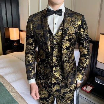 

(Jackets + Vest + Pants )2019 Men High quality slim fit golden business Blazers/Male groom dress suit A three-piece coats S-3XL