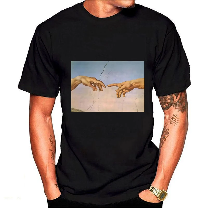 

Oil Paintings Tees Creation Of Adam Michelangelo Tshirt Men Funny Print Comfortable Breathable Graphic Streetwear