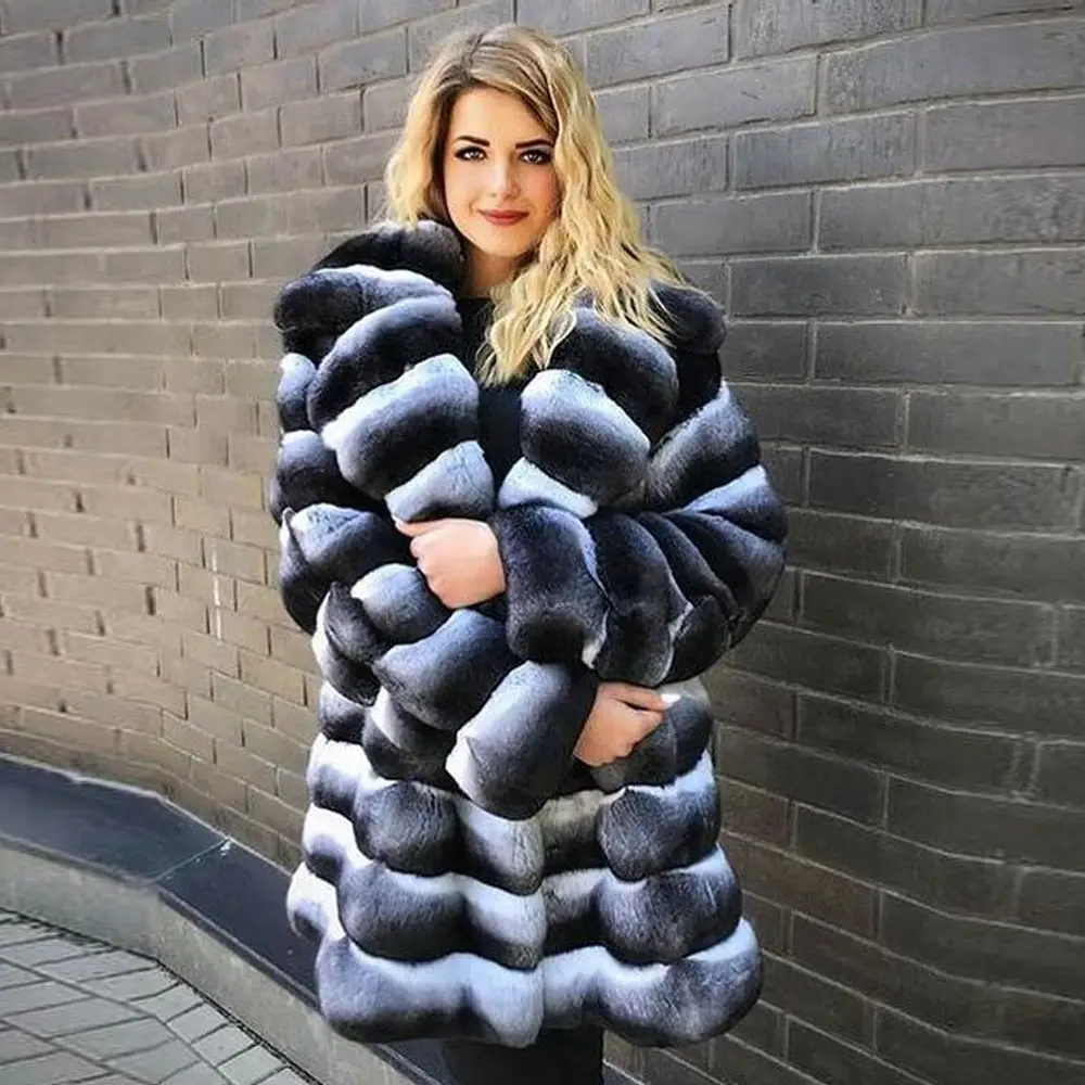90 см натуральный кроличий мех пальто Высокое качество элегантная женская зимняя куртка Шиншилла Цвет воротник натуральный мех пальто - Цвет: 80cm long
